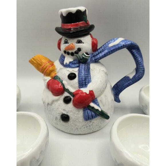 Department 56 Snowman Ceramic Teapot & 4 Snowflake Cups Holiday Set - Picture 2 of 7